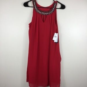 BCX Red Beaded Halter Dress Sleeveless Flowing S